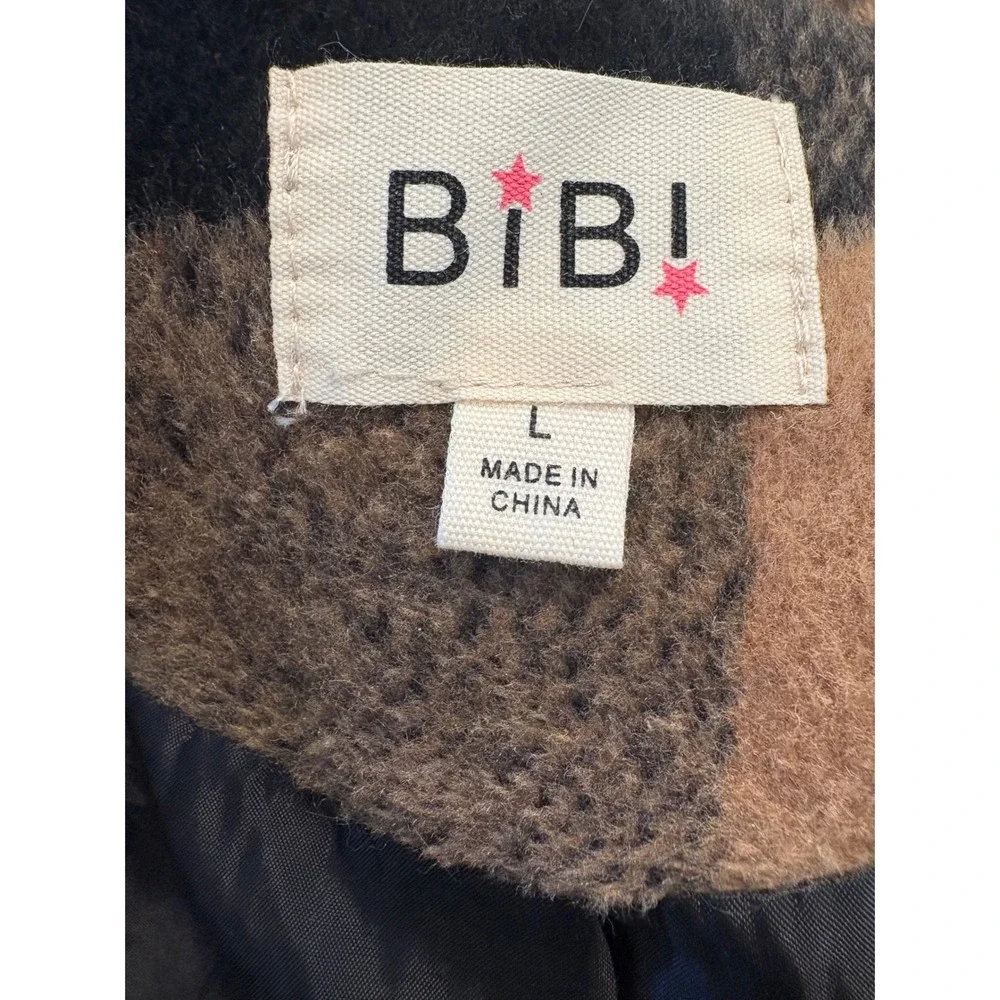 BIBI Mixed Plaid Colorblock Blazer Coat Brown Black Tan Buffalo Check Large